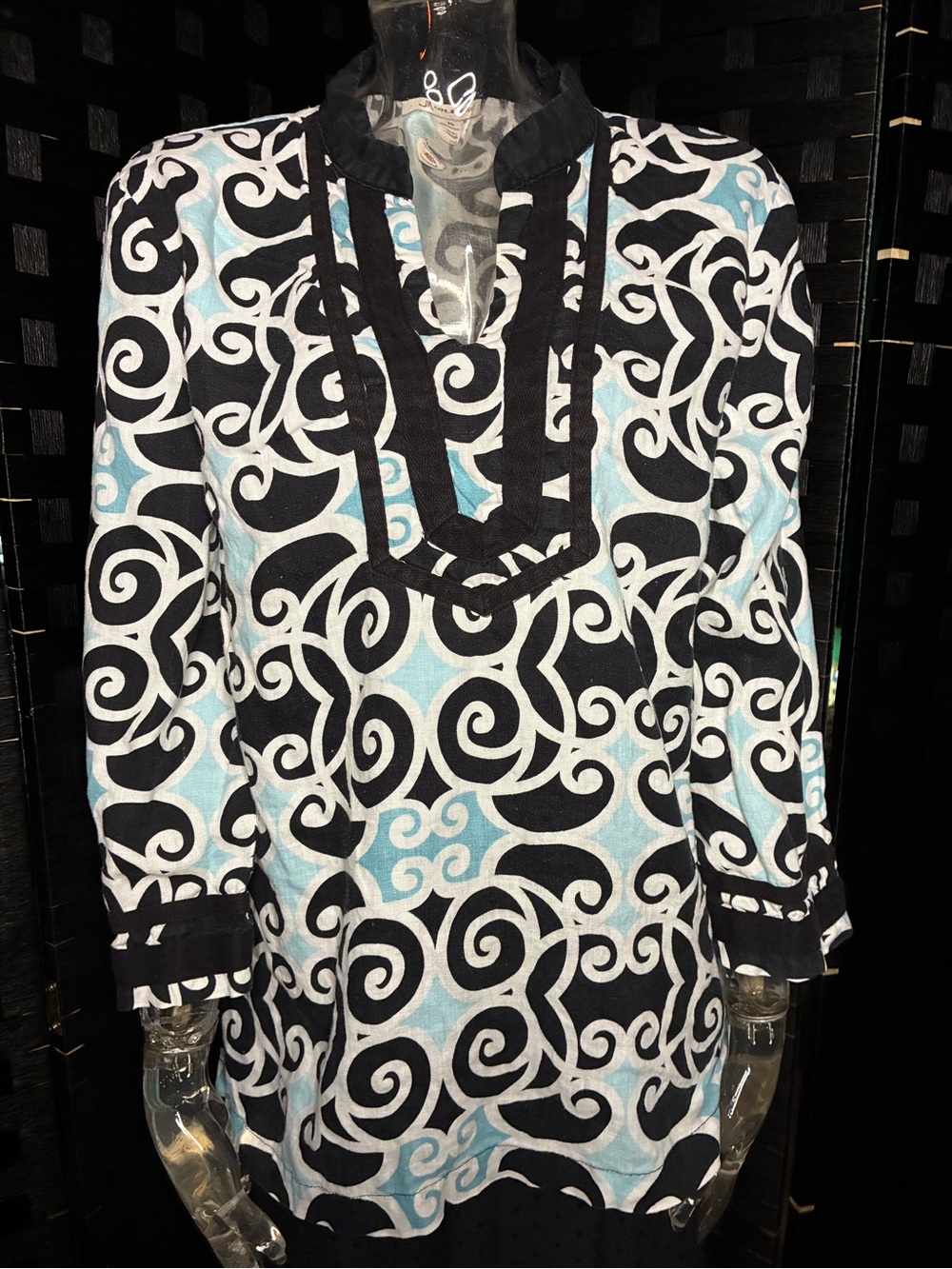JM Collection Black & Light Blue Swirl-Print Linen Long-Sleeve Tunic